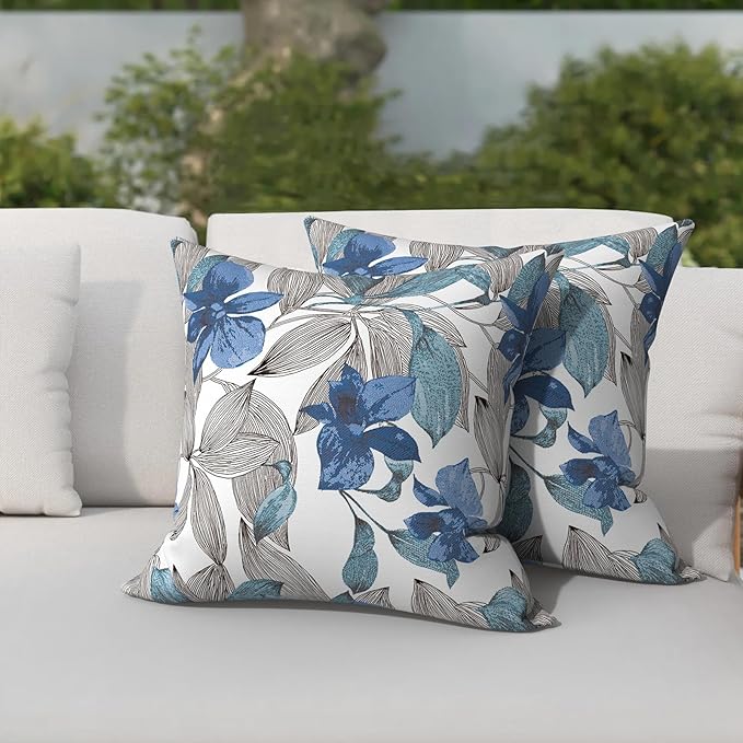 Patio Throw Pillows with Inners, Fade Resistant Square Pillow Pack of 2, Decorative Garden Cushions for Home, 18x18 Inch,Clemens Blue