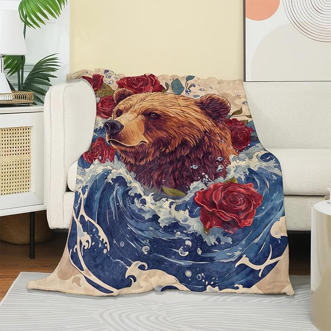 Bear Wave Rose Blanket, Soft Cozy Warm Throw Blanket Gifts for Adults Kids Women, Lightweight Comfy Fuzzy Flannel Blankets for Couch, Travel, Car, Home Decor 80×60 Inch