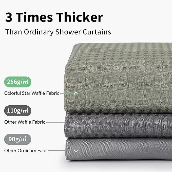 Colorful Star Small Stall Waffle Weave Shower Curtains, 256GSM Heavy Duty Shower Curtain with Snap in Fabric Liner, Hotel Style No Hook Waterproof Bathroom Curtain Set, 36 x 75 Inch, Sage Green