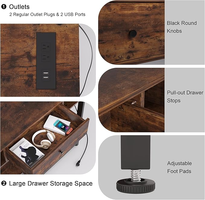 Mexin Console Table with Outlets and USB Ports, Entryway Table with Drawer Storage Shelves, Industrial Wood Hallway Sofa Table for Living Room, Couch, Foyer, Kitchen Counter, 39 Inch, Vintage Brown