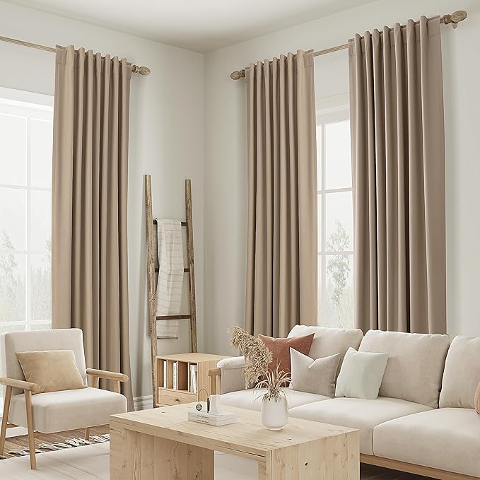 Guken Tan Blackout Curtains 120 Inch Length 2 Panels Set for Living Room Bedroom Back Tab Thermal Insulated 100% Black Out Linen Drapes Room Darkening Window Curtains 120 Inches Long