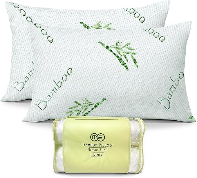 OMEO 2 Pack King Size Rayon Derived from Bamboo Pillow for Sleeping Shredded Memory Foam Bed Pillows for Side, Back and Stomach Sleepers, Soft, Cooling, Adjustable and Washable Cover 20" x 36"
