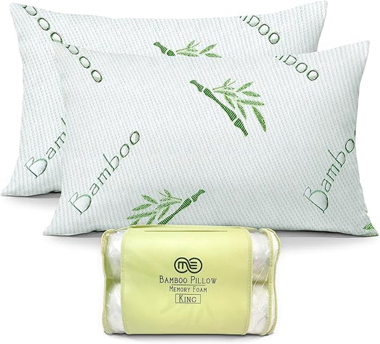 OMEO 2 Pack King Size Rayon Derived from Bamboo Pillow for Sleeping Shredded Memory Foam Bed Pillows for Side, Back and Stomach Sleepers, Soft, Cooling, Adjustable and Washable Cover 20" x 36"