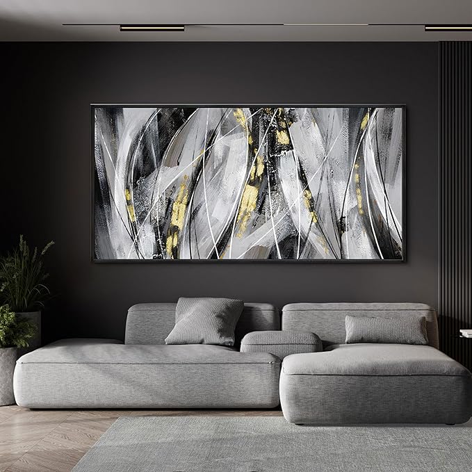 KLAKLA Abstract Frame Wall Art - Black and White Picture for Living Room Black and Gold Framed Artwork Canvas Art Work for Office Home Decor Bedroom Wall Decoration - 58x29 Inches