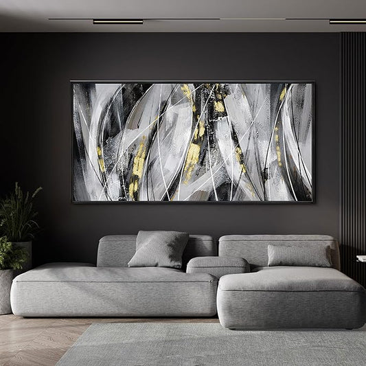 KLAKLA Abstract Frame Wall Art - Black and White Picture for Living Room Black and Gold Framed Artwork Canvas Art Work for Office Home Decor Bedroom Wall Decoration - 40x20 Inches