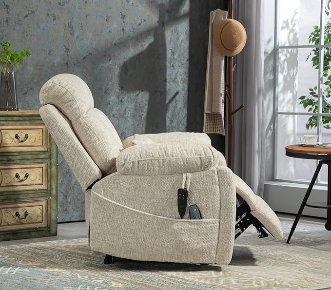 Large Power Lift Recliner Chair with Massage and Heat for Elderly, 26in Extra Wide Recliner Chair with Cup Holder Support Big and Tall People, 400lbs Capacity Adults (Cream Chenille)