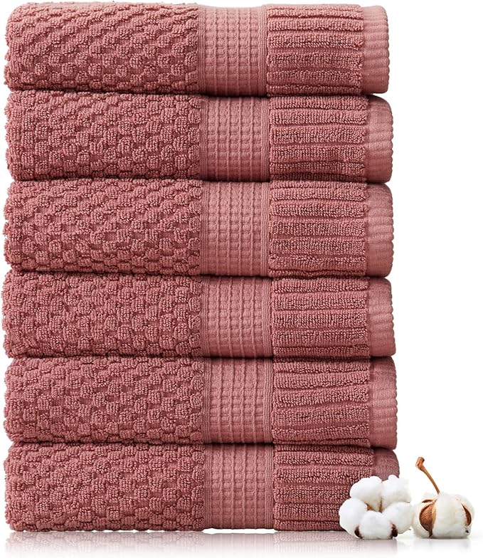 NY Loft 100% Cotton Hand Towel 6 Pack Hand Towel Set | Super Soft & Absorbent Quick-Dry Hand Towels 16" x 28" |Textured and Durable Cotton | Trinity Collection (6 Pack Hand Towel, Rose)