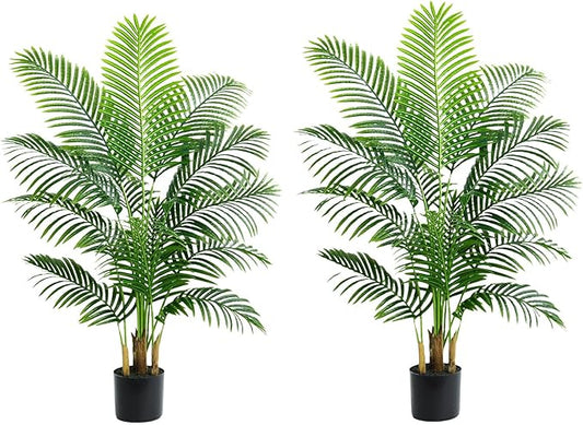 2 Pack Artificial Palm Tree 4FT Artificial Plants Indoor Tropical Fake Palm Tree Areca Floor Plant in Black Pot with 13 Trunks & Real Bark Design, Faux Palm Plant for Outdoor Patio Home Office Decor