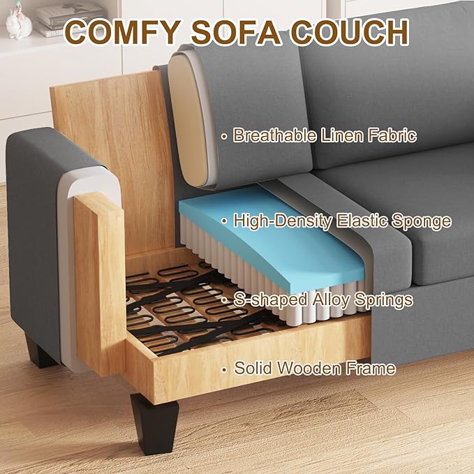 Furnimart Sectional Couches for Living Room, Modern 2 Loveseats and 3 Seater Couch, Deep Seat Sectional Sofa Set, Comfy Fluffy Grey Couch with Removable Sofa Cover, Dark Grey