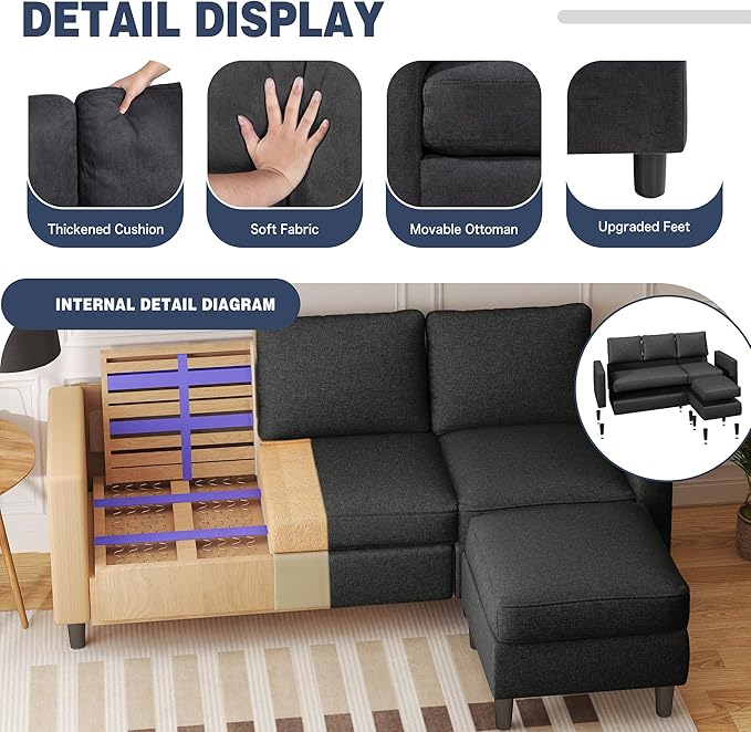 Shintenchi Small Sectional Couch Sofas, 3 Seat L Shape Sofa with Ottoman, Fabric Upholstered Convertible Sofa Couches, Small Couch for Apartments, Living Room and Office (Black)