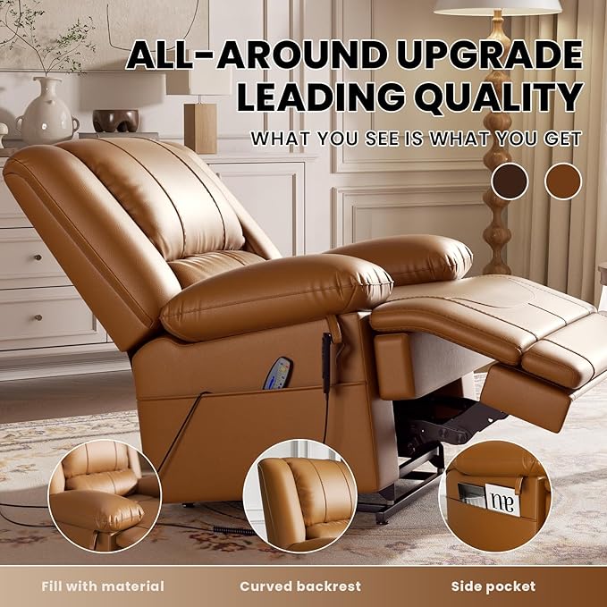 Large Dual Motor Power Lift Recliner Chair with Massage and Heat for Elderly People, Infinite Position,USB Ports and Remote Control,Breathable Leather (Light Brown)