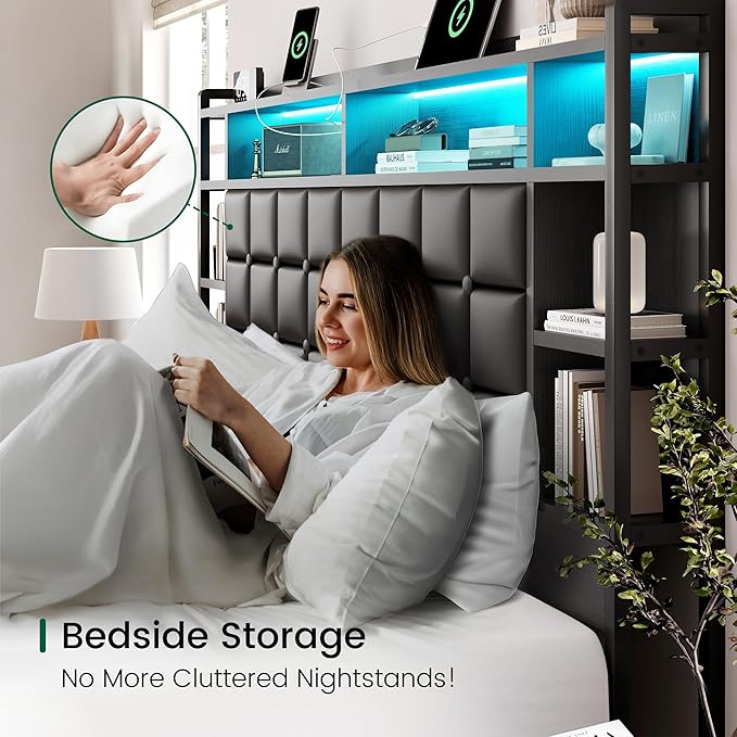 King Size Bed Frame with 4 Storage Drawers and Bookcase Headboard, Faux Leather Upholstered, Wooden Platform Bed Frame with Charging Station and LED Lights, No Box Spring Needed, Black