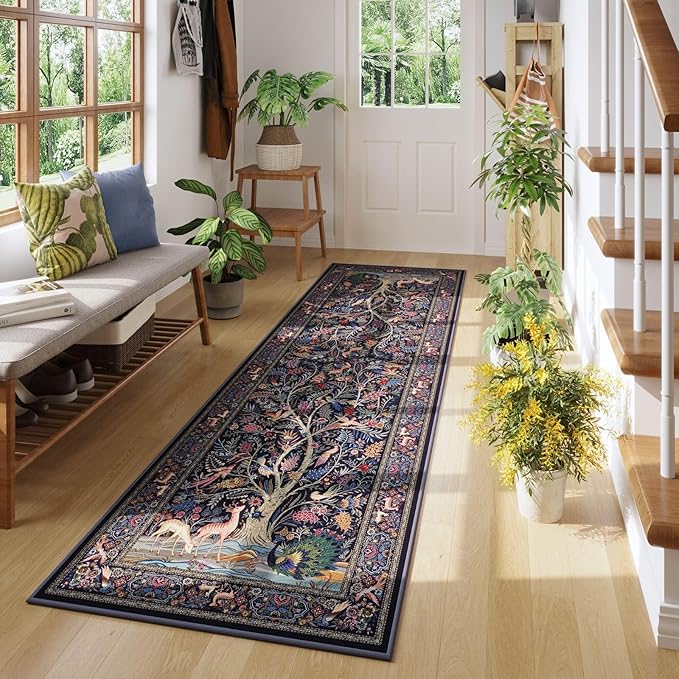 Runner Rug 2x6 Vibrant Tree of Life-Patterned Vintage Kitchen Rugs Non Slip Washable Soft Carpet Runner for Laundry Bedroom Bathroom, Blue