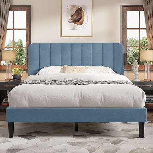 VECELO Full Size Bed Frame with Upholstered Headboard, Velvet Platform Bedframe Mattress Foundation, Strong Wood Slat Support, No Box Spring Needed,Sky Blue