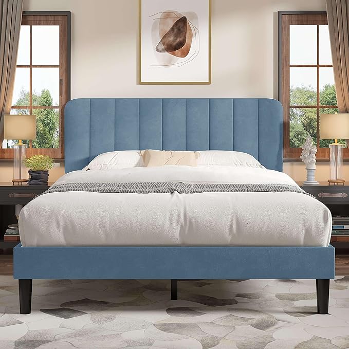 VECELO Queen Size Bed Frame with Upholstered Headboard, Velvet Platform Bedframe Mattress Foundation, Strong Wood Slat Support, No Box Spring Needed,Sky Blue