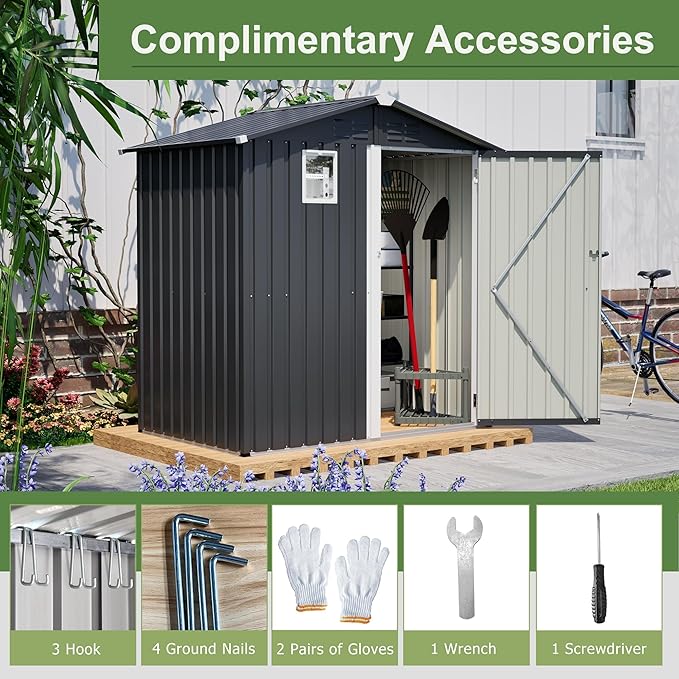 6x4 FT Outdoor Storage Shed with Windows Metal Garden Sheds with Lockable Doors Waterproof Galvanized Small Tool Storage Steel Sheds with Air Vents Sloping Roof Ideal for Backyard Patio Lawn Gray
