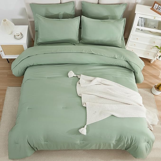 Litanika Oversized King Comforter Sets Sage Green - 7 Pieces Bed in a Bag Oversized King Bedding Comforter Sets, Solid Lightweight Bed Set with Comforter, Sheets, Pillowcases & Shams