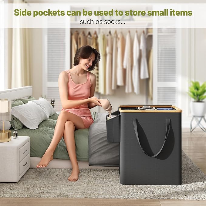 175L Laundry Hamper with Lid 3 Section, Extra Large Laundry Basket with 3 Removable Bags, 46 GAL Laundry Basket Organizer for Bedroom, Laundry Room, Dorm, Black