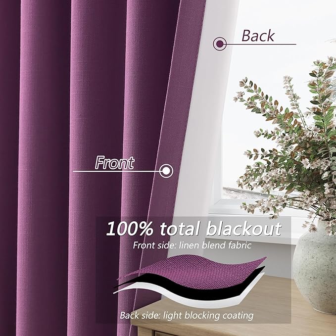 Guken Purple Blackout Curtains 108 Inch Length 2 Panels Set for Living Room Bedroom Back Tab Thermal Insulated 100% Black Out Linen Drapes Room Darkening Window Curtains 52 Inches Width