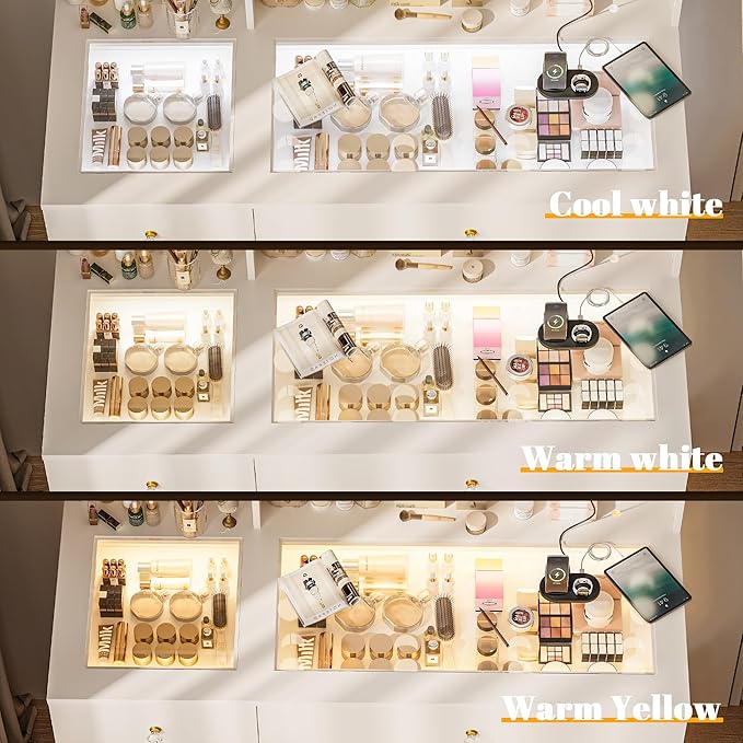 40" Vanity Desk with Large Mirror and Lights, Modern Glass Top Makeup Vanity Set with Power Outlet, Drawers and Cabinet, 3 Lighting Color Adjustable Dressing Table for Bedroom,White