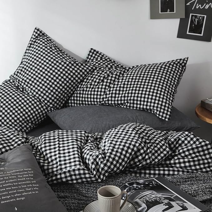 mixinni Black Gingham Comforter Set Twin XL, Plaid Comforter Set 3 Pieces 1 Black Grid Comfoter with 2 Pillow Cases for All Seasons, Soft Fluffy Modern Grid Pattern Printed Bedding-Twin XL Size