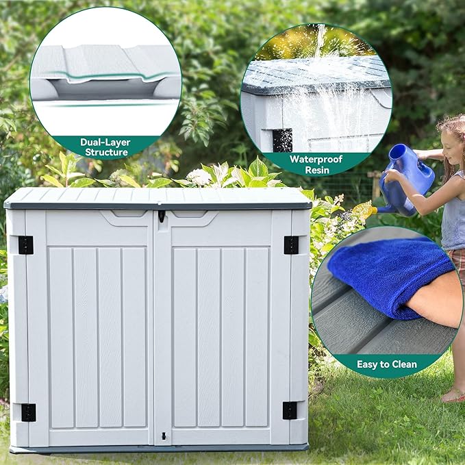 YITAHOME 35 Cu Ft Horizontal Weatherproof Storage Shed Without Shelves, Outdoor Lockable Resin Unit for Tools and Gear, Simple Assembly (Light Gray)