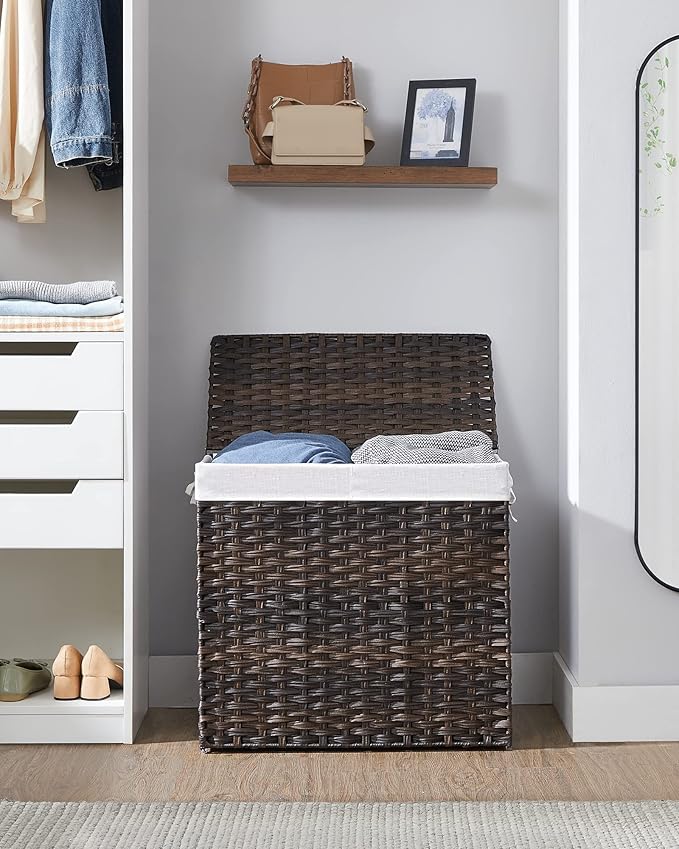 SONGMICS Laundry Hamper with Lid, 130L Clothes Hamper with 2 Removable Liner Bags and 6 Mesh Bags, Wicker Laundry Basket, Double Laundry Hamper for Bathroom, 13 x 26 x 23.6 Inches, Brown ULCB253K01