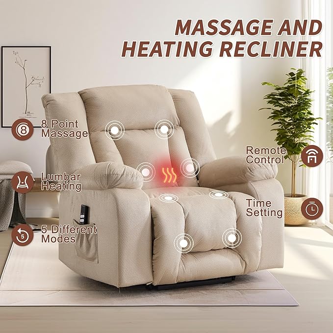 Oversized Dual Motor Power Lift Recliner for Adults, Electric Lift Chair with Heating and Massage, Waffle Fabric Electric Recliner Chair with Side Pockets, Wide Recliner for Living Room