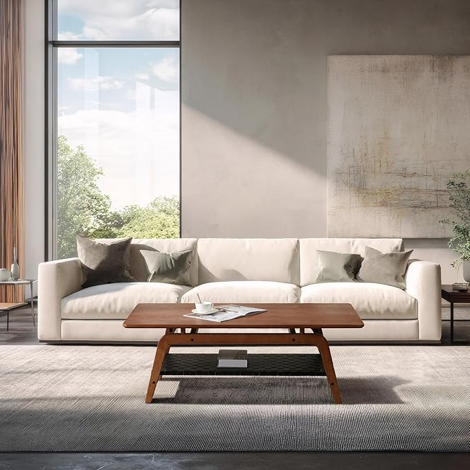 Solid Wood Coffee Table for Living Room, 47” Mid Century Modern 2-Tier Storage Coffee Table Rectangular Coffee Tables with Faux Leather Shelf Storage for Office Apartment, Walnut