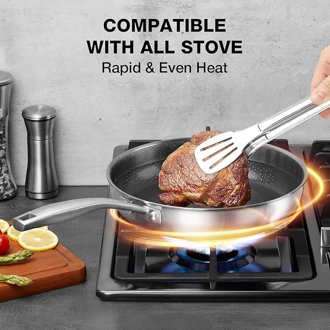 PekGema Hybird Nonstick Frying Pan with Lid 12 inch, Stainless Steel Skillet, Ceramic Non-stick Oven-Safe Chef Pan, Induction Ready, PFOA PFAS FREE Cookware