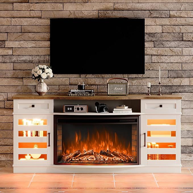 70" Farmhouse Curved Fireplace TV Stand, LED Light Entertainment Center Table with 36'' Upgrade Electric Fireplace TV Console Cabinet for TVs Up to 80", Antique White Barnwood