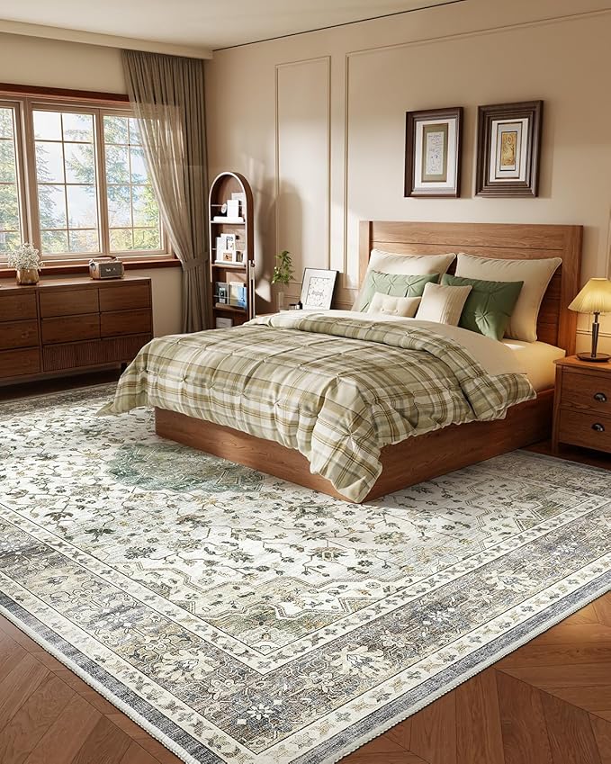 HOMFINE Machine Washable Rug 9'x12' - Vintage Design Area Rugs with Non Slip Rugs for Living Room Bedroom Floral Print Rug Carpet Stain Resistant, Home Decor Office Area Rug, Beige Green