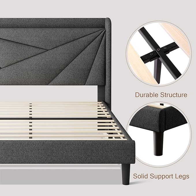 Full Size Upholstered Bed Frame with Charging Station, Platform Bed Frame with Storage Headboard, Solid Wood Slats Support, No Box Spring Needed, Dark Gray