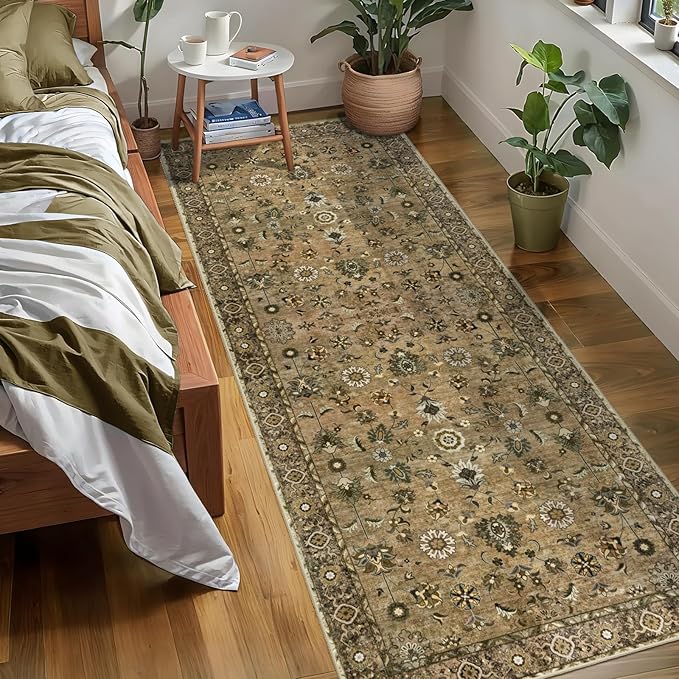 Tangsoo Floral Runner Rug 2x6 Washable Rug for Hallway, Non-Slip Vintage Boho for Entryway Indoor, Brown Print Carpet Runner Rugs, Soft Low Pile Long Runner for Kitchen Bedroom