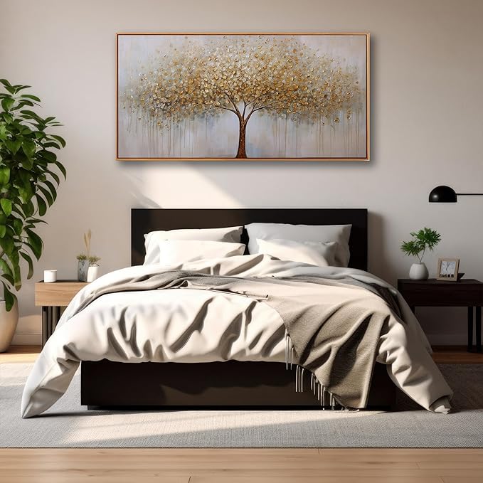Wall Art Gold Abstract Tree of Life Framed Modern Artwork Canvas Painting Textured Tree Pictures Wall Decor Home Decor Wall Ready to Hang for Bedroom Living Room Size 30"x60"