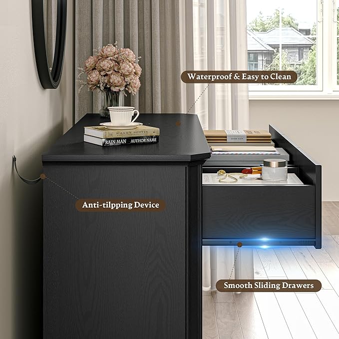 Farmhouse Dresser for Bedroom with 7 Drawer, 48" Wide Rustic Chest of Drawers with Metal Handle, Wood Vintage Dresser TV Stand, Wooden Closet Storage Dressers Organizer for Living Room, Hallway, Black