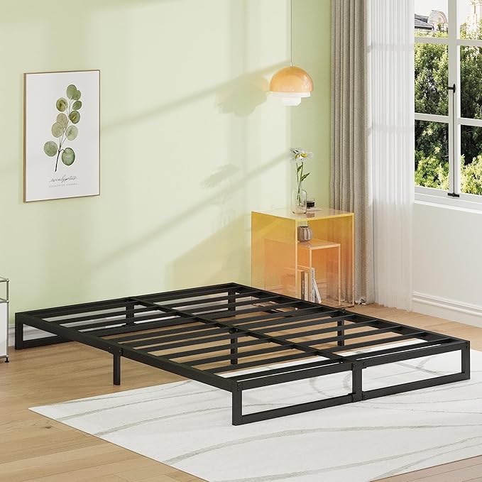 EMODA 7 Inch Queen Bed Frame No Box Spring Needed Heavy Duty Metal Platform BedFrame Queen Size with Steel Slats, Easy Assembly, Black