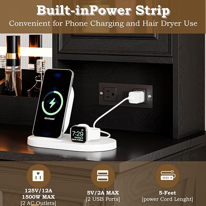 Vanity Desk with Lights, Large LED Mirror with 3 Color Modes, Makeup Vanity with Power Outlet & USB Ports, 6 Drawers & 2 RGB Glass Cabinets, Farmhouse Dressing Table for Women & Girls (Black)