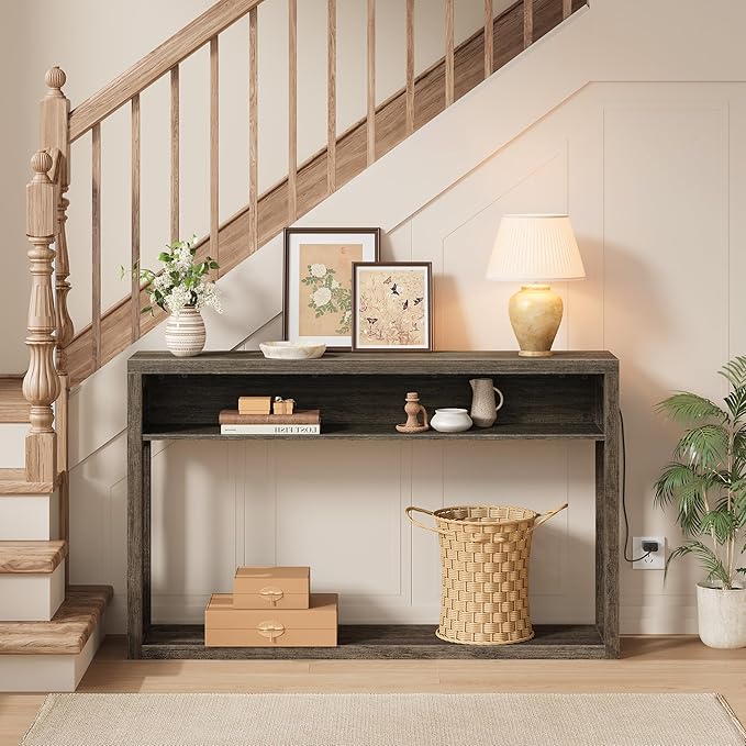 FAVOOSTY Farmhouse Console Table with Storage, 47" 2-Tier Entryway Sofa Table with Led Light Behind Couch Table Hallway Stand for Living Room, Hallway, Foyer - Gray
