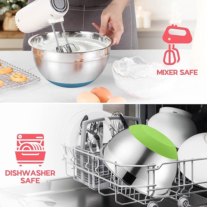 Colorful Mixing Bowl Set of 6 for Kitchen, Large Stainless Steel Metal Nesting Mixing Bowls with Airtight Lids, Non Slip - Size 1, 1.5, 2, 2.6, 3.5, 7QT