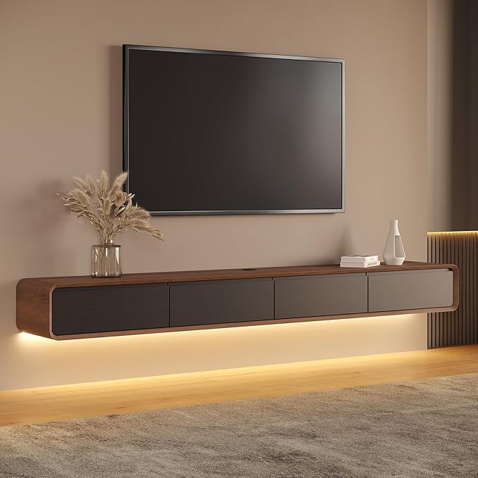 Minimalist Floating TV Stand with LED Lights, Modern Wall-Mounted Media Console with 4 Flip-Down Cabinet Doors for 85 Inch TV, Fully-Assembled, Walnut Veneer, 94"