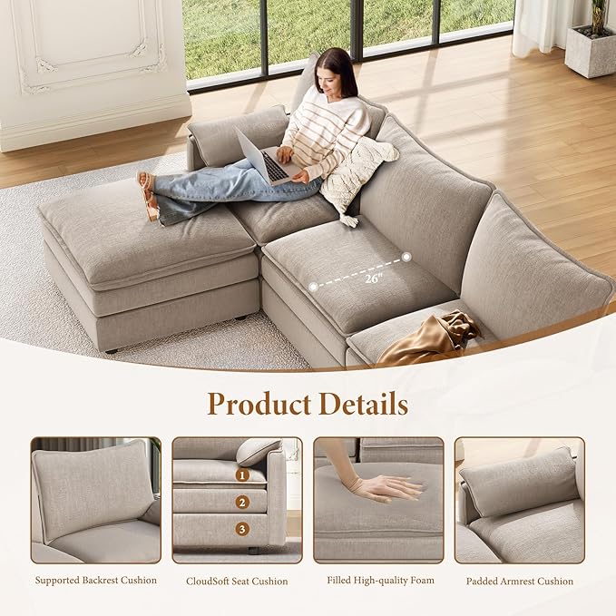Vesgantti 108" U Shaped Sectional Couch, Comfy Cloud Modular Sectional Sofa with 2 Ottoman Deep Seat Chenille Modern Cloud Sofa, Modular Sofas for Living Room, Bedroom and Apartment, Light Brown