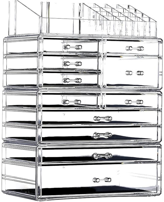 Cq acrylic 4 Pack Clear Skincare Organizer for Vanity,Stackable 11 Drawers Make Up Organizer,Cute Cosmetic Organizer for Vanity Jewelry,Hair Clip,Beauty,Skincare Product Dresser Acrylic Desk Organizer