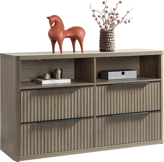 SICOTAS Dresser for Bedroom - Dressers & Chests of Drawers with 4 Drawers Large Modern Dresser for Closet with Open Shelf Fluted Wide TV Stand Clothes Closet Storage for Bedroom Hallway Entryway
