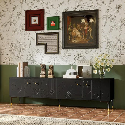 78.7'' W TV Table Stand with Storage, Mid-Century Modren Under TV Cabinet with 4 Doors, Farmhouse Entertainment Media Center with Storage for Living Room, Entryway, Office Furniture, Black