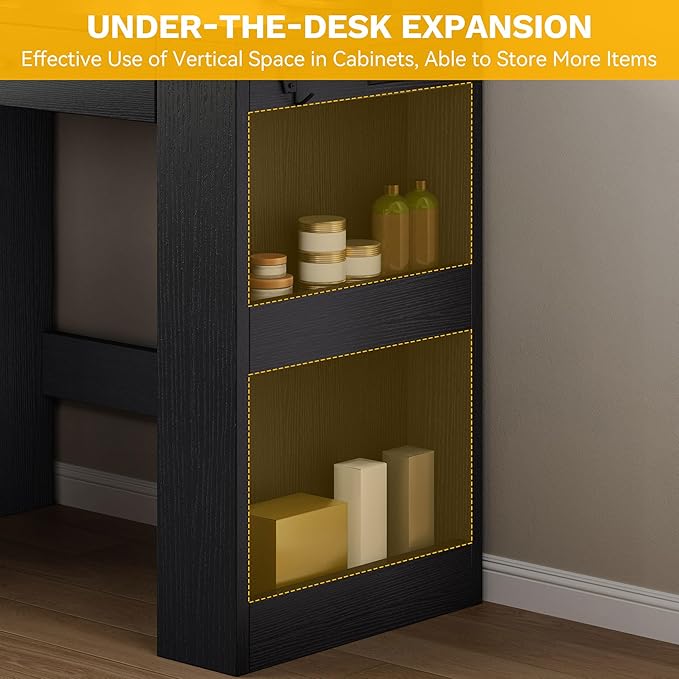 DWVO Vanity Desk with Mirror, Power Outlet and 10 Lights, Big Vanity Makeup Table with 4 Drawers and 8 Open Storage Shelves, 3 Color Modes Adjustable Brightness for Bedroom, Black