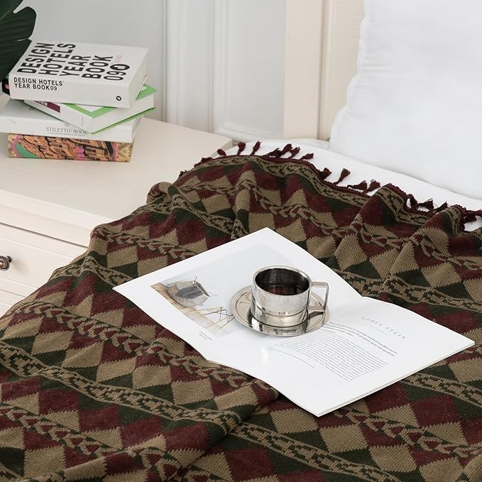 Gealaek Boho Throw Blanket Lightweight Soft Cozy Decorative Blankets for Sofa Bed Farmhouse Throw Blanket Aztec Blanket with Tassel Khaki Olive Wine Checkered 50" x 60"