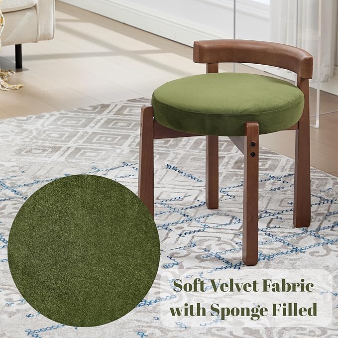 DUOMAY Modern Velvet Vanity Stool, Upholstered Low Back Ottoman with Solid Wood Legs Cute Round Footrest Makeup Stool Dressing Seat for Living Room Bedroom, Green
