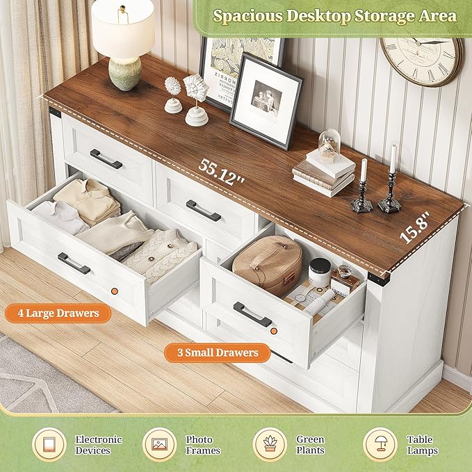 Hasuit White Dresser for Bedroom, Wooden 55.1" Long Dressers Chest of Drawer, Farmhouse 7 Drawer Dresser with Thick Styling, Large Capacity Storage Cabinet Organizer, Wide Dressers for Bedroom Hallway