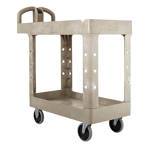 BRUTE Heavy Duty 2-Shelf Utility/Service Cart, Small, Lipped Shelves, Ergonomic Handle, 500 lbs. Capacity, Beige, for Warehouse/Garage/Cleaning/Maintenance
